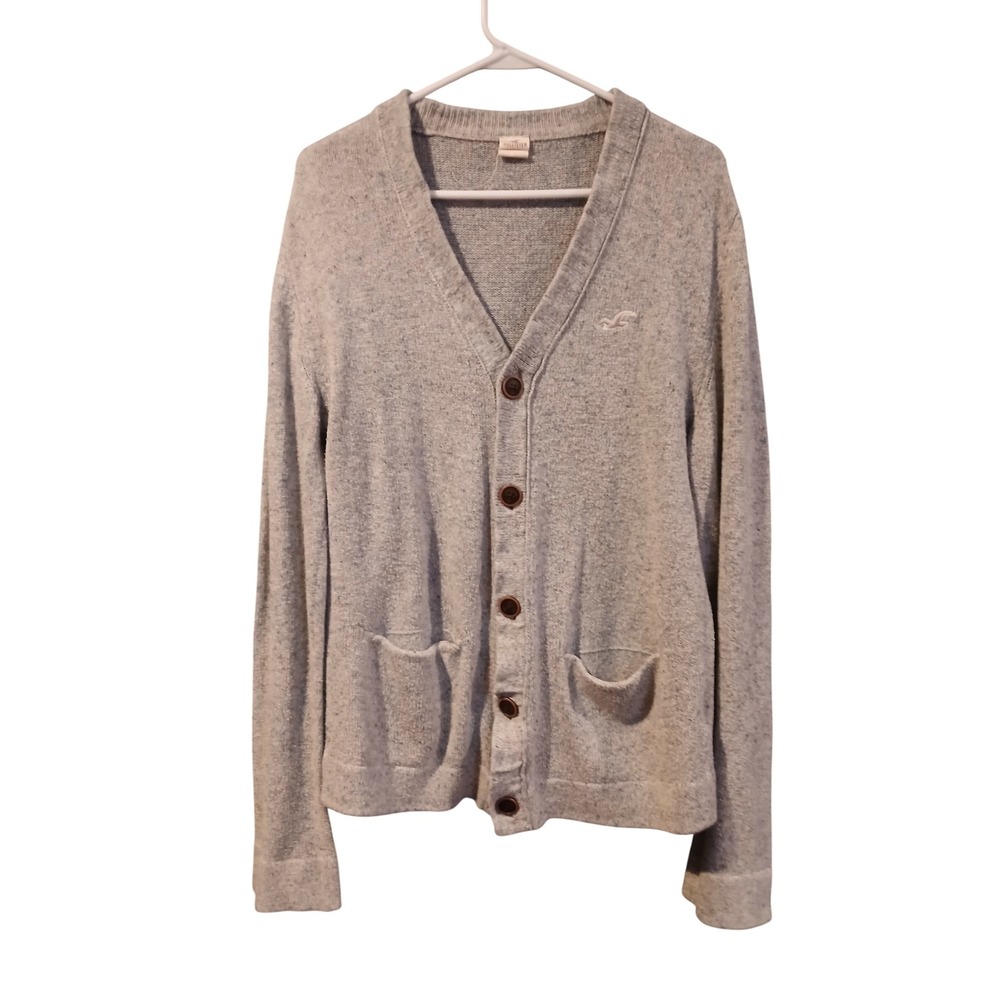 Y2k Hollister Mens Small Grey Button Up V-Neck Cardigan Sweater Logo Pockets